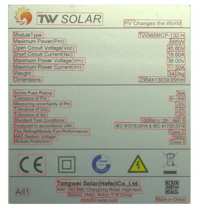 PV module nameplate label with manufacturer specifications and serial number
